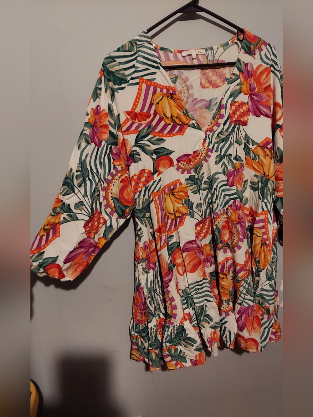Label of Love Anthropologie Cover Up Fruit Lemons Tropical Printed L Beach Boho